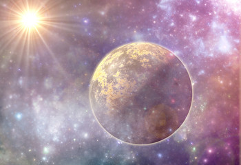 Unknown fantasy planet in space dust, astro 3D illustration