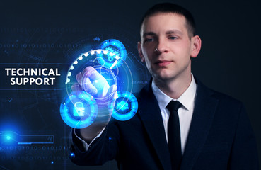 Business, Technology, Internet and network concept. Young businessman working on a virtual screen of the future and sees the inscription: Technical support