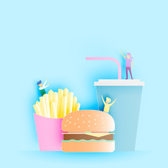 Fast food Hamburger and soft drink with french fries in paper art style vector illustration