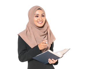 Hijab businesswoman with book. Education concept.