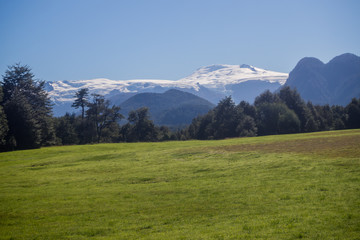 Chilean Patagonia landscape in the Pumalin Natural Park in summer with a snowy volcano