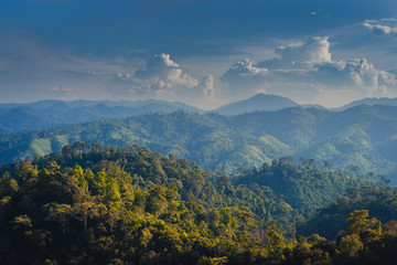 Light and shadow on mountain range with clouds and sky