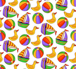 Beach toys duck ball and boat doodle colorful seamless vector pattern