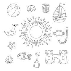 Summer beach line doodle icons vector set