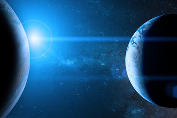 Earth in the outer space with beautiful planet. Blue sunrise. Elements of this image furnished by...