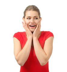 Portrait of beautiful emotional woman on white background