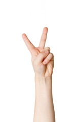Kid hand shows number two on white background