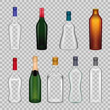 Realistic templates empty glasses bottles. Alcoholic beverage on transparent background.