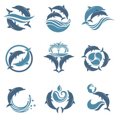 Fototapeta premium kolekcja z abstrakcyjnym godłem delfinów i fal morskich
