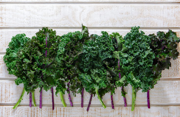 Purple and Green Kale Shot From an Overhead View on Whitewashed Wooden Board
