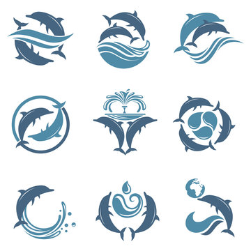 collection with abstract emblem of dolphin and sea wave