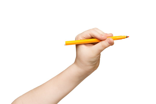 Kid hand holding felt-tip pen isolated on white