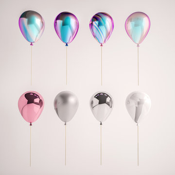 Set of iridescence holographic foil balloons isolated on gray background. Trendy realistic design 3d elements for birthday, presentation, promo, party or other events.