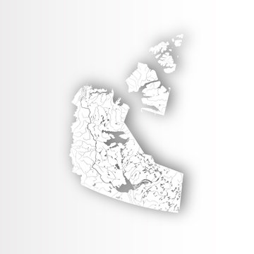 Provinces and territories of Canada - map of Northwest Territories with paper cut effect. Rivers and lakes are shown.