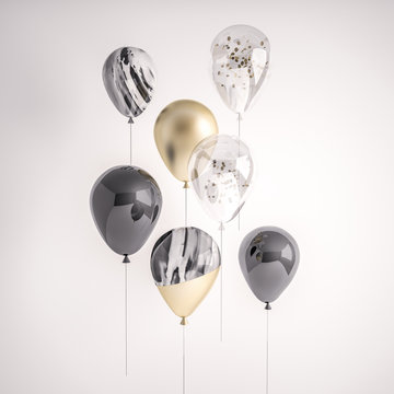 Set of glossy black, transparent with confetti, gold, black and white marble 3D realistic balloons on the stick for party, events, presentation or other promotion banner, posters.