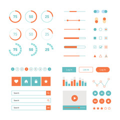 Fototapeta na wymiar Modern UI flat design vector kit in trendy color with simple mobile phone, buttons, forms, windows and other interface elements. Isolated on white background.
