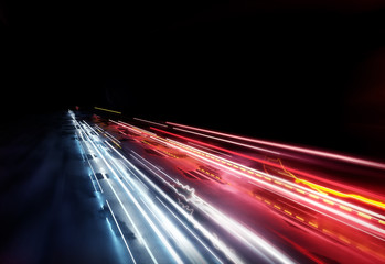 Fast moving traffic light trails, long exposure effect. 3D illustration.
