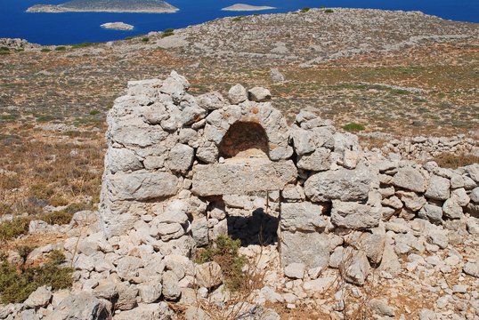 A derelict old stone chapel on the mountain above Areta on the Greek island of Halki.