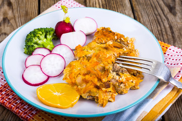 Healthy eating. Fish with stewed and fresh vegetables