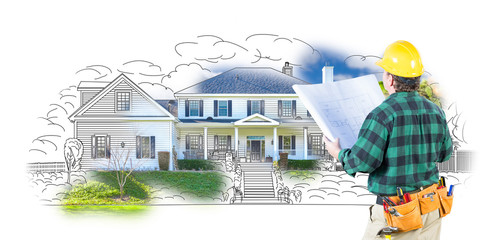 Male Contractor with Hard Hat and Tool Belt Looking At Custom House Drawing Photo Combination On...
