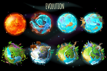 Obraz premium Wektor kreskówka fantastyczna planeta ziemia, zestaw ewolucji świata. Kosmiczna, kosmiczna gra, plansza na osi czasu. Ilustracja ze spalania lawy, okresu wodnego, epoki lodowcowej na zieloną rzekę tropikalną