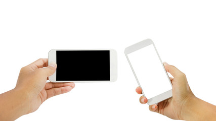 Hand holding smartphone isolated on white background