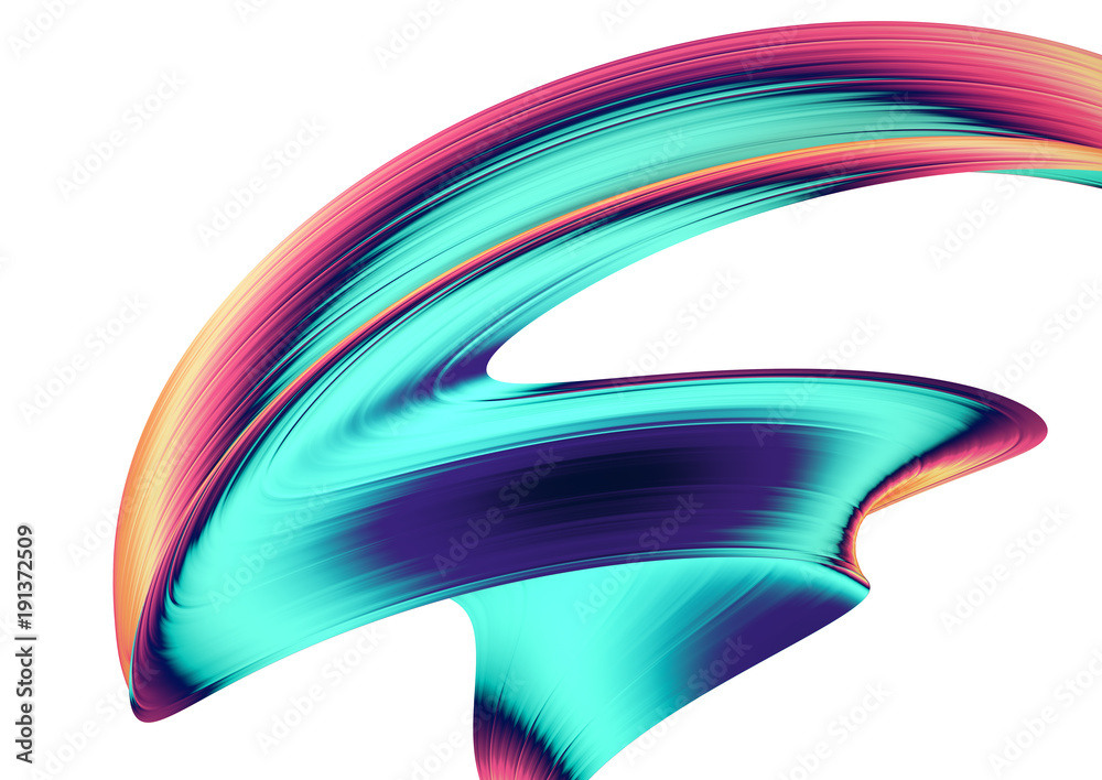 Fototapete 3D render abstract background. Colorful twisted shapes in motion. Computer generated digital art for poster, flyer, banner background or design element. Holographic foil ribbon on white background.
