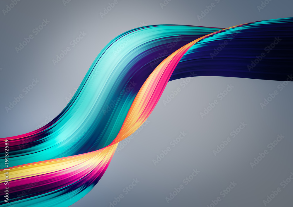 Fototapete 3D render abstract background. Colorful twisted shapes in motion. Computer generated digital art for poster, flyer, banner background or design element. Holographic foil ribbon on dark background.