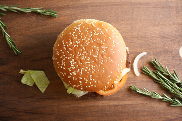 burger on a wooden background
