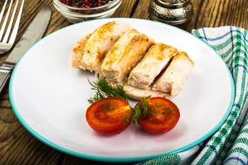 Boiled chicken fillet and tomatoes cherry-healthy diet food, protein lunch and dinner