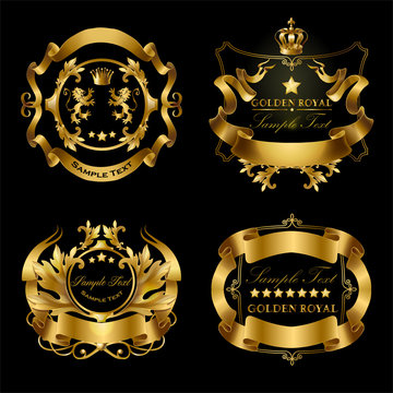 Vector set of golden royal stickers with crowns, ribbons, lions, stars isolated on black background. Luxurious emblems with heraldic ornament, premium quality labels for certificates, brand promotion
