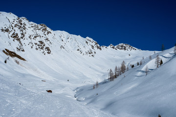 Fototapeta na wymiar Tief verschneites Tal in Osttirol unter blauem Himmel