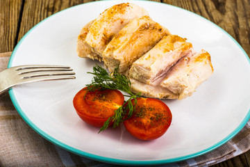 Boiled chicken fillet and tomatoes cherry-healthy diet food, protein lunch and dinner