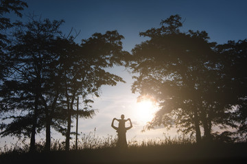 Silhouette of woman holding child baby boy on shoulders on nature, sunset trees background. Mother enjoying time with little kid son outdoors. Family day 15 of may, love, parents, children concept.