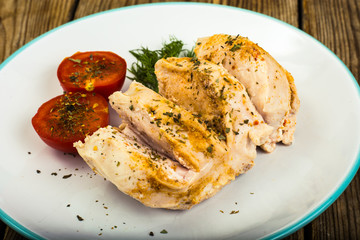 Boiled chicken fillet and tomatoes cherry-healthy diet food, protein lunch and dinner