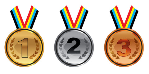 Gold silver and bronze medals with ribbons isolated on white background. Vector