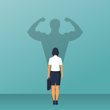 Confident power. Businesswoman in suit standing in front wall with shadow successful business leadership, isolated on background. Career strength. Shadow of strong female. Vector flat design.