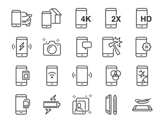 Mobile line icon set. Included the icons as smartphone, memory, battery, filter, screen, power, charger and more.