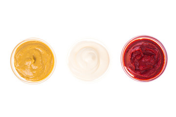 Set of three classic sauces-mayonnaise, ketchup and mustard
