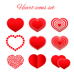 Set of nine red hearts flat icon isolated on white background.  Valentine’s day vector collection. Love story symbol. Health medical theme. Easy to edit design template.
