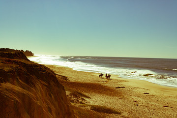Retro style photo of horses on a beach