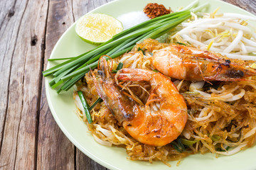 Closeup fried noodle with prawns, Thai style. Local name, Pad Thai.