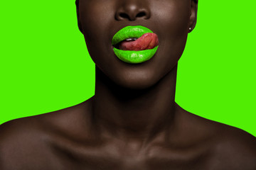 afro black woman with green lipstick and background