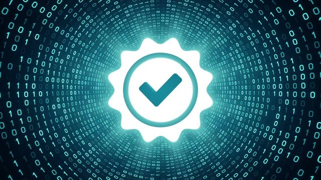 White approve icon form cyan binary tunnel on cyan background. Seamless loop. More icons and color options available in my portfolio.