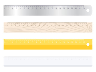 Set of different measuring rulers. Plastic, wooden and metal rulers isolated on white background. Vector illustration
