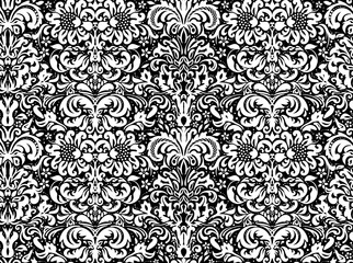 Seamless white ornament on a black background, wallpaper. Floral ornament on the background.