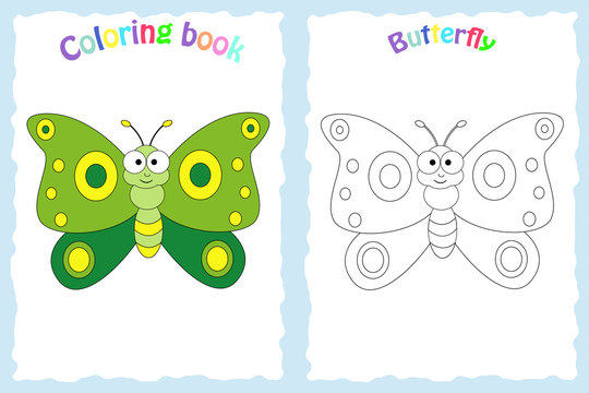 Coloring book page for preschool children with colorful butterfly and sketch to color