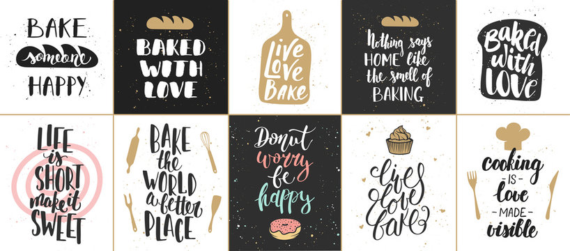 Set of vector bakery lettering posters, greeting cards, decoration, prints. Hand drawn typography design elements. Handwritten lettering. Modern ink brush calligraphy.