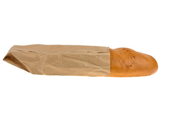 white bread loaf in a gray paper bag isolated on a white background