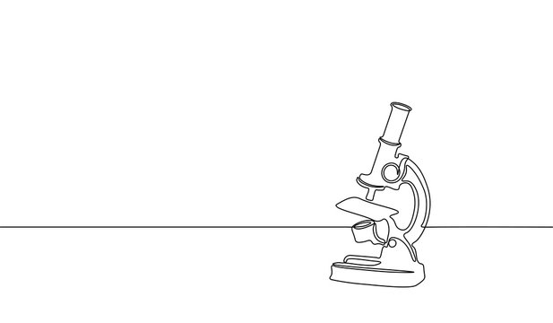 Single continuous line art science research microscope. Biology micro technology medicine business design one sketch outline drawing vector illustration